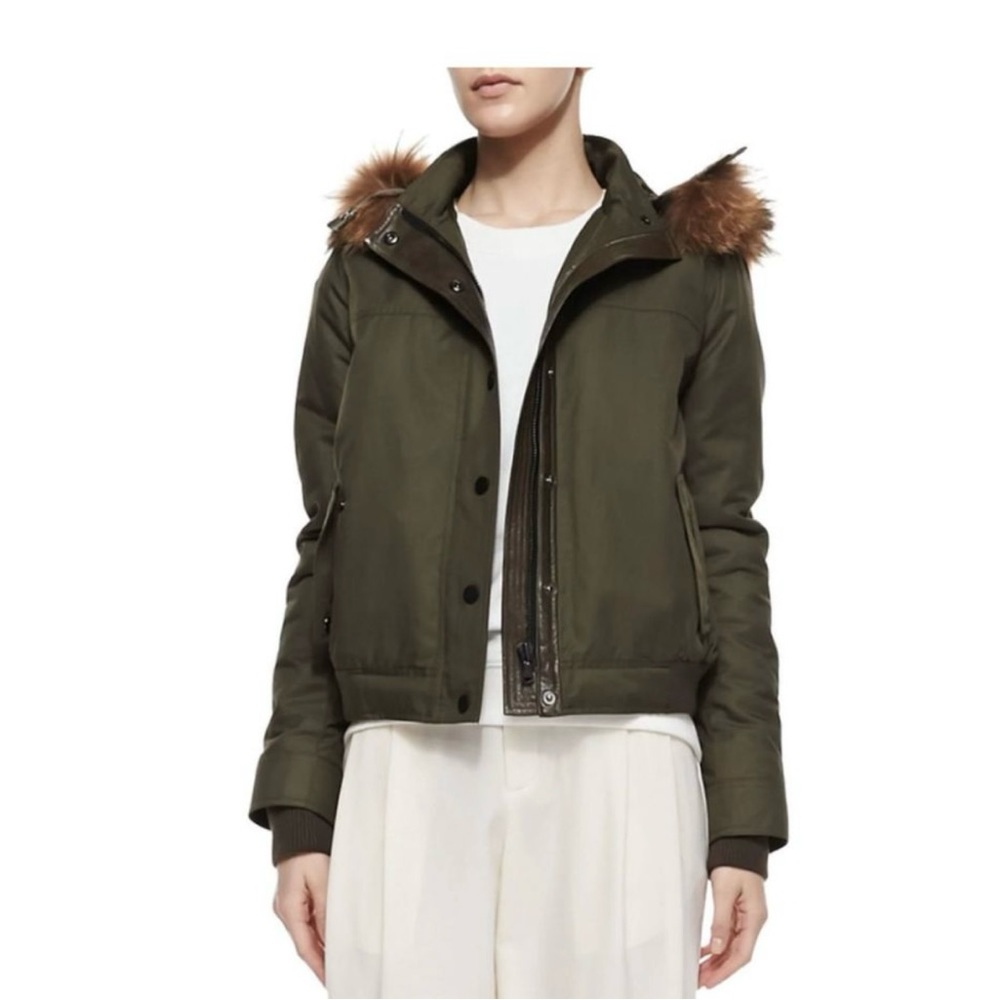 Vince Olive Bomber Jacket with Fur Trim